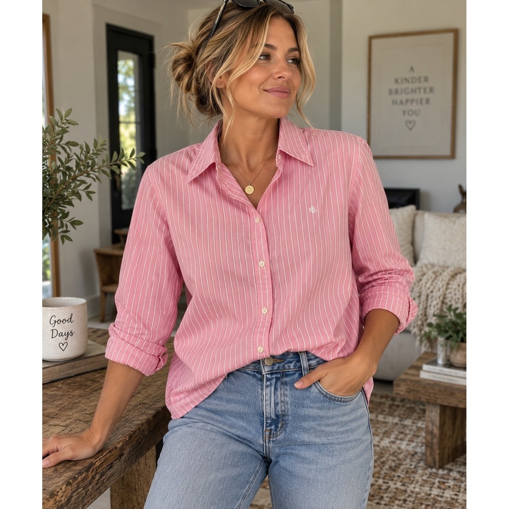 Lauren Ralph Lauren M Pink White Stripe Non Iron Button Down Shirt Preppy